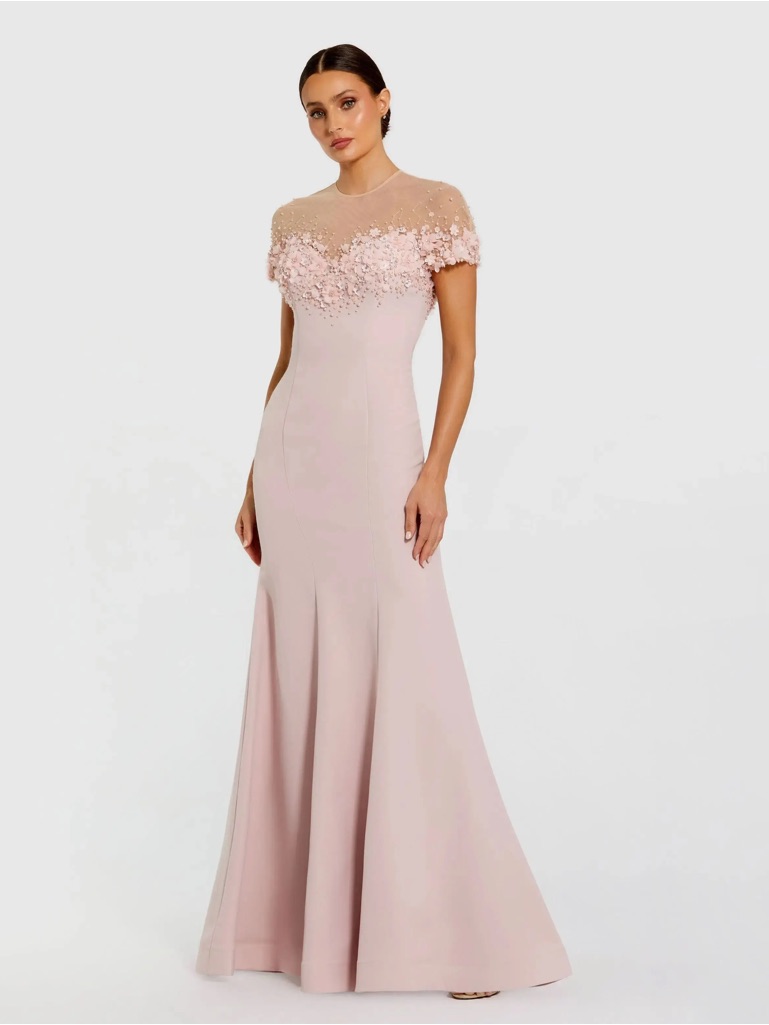 Mac Duggal 11867 Pink Crepe Mermaid Gown With Beaded Illusion Neck Sz 10